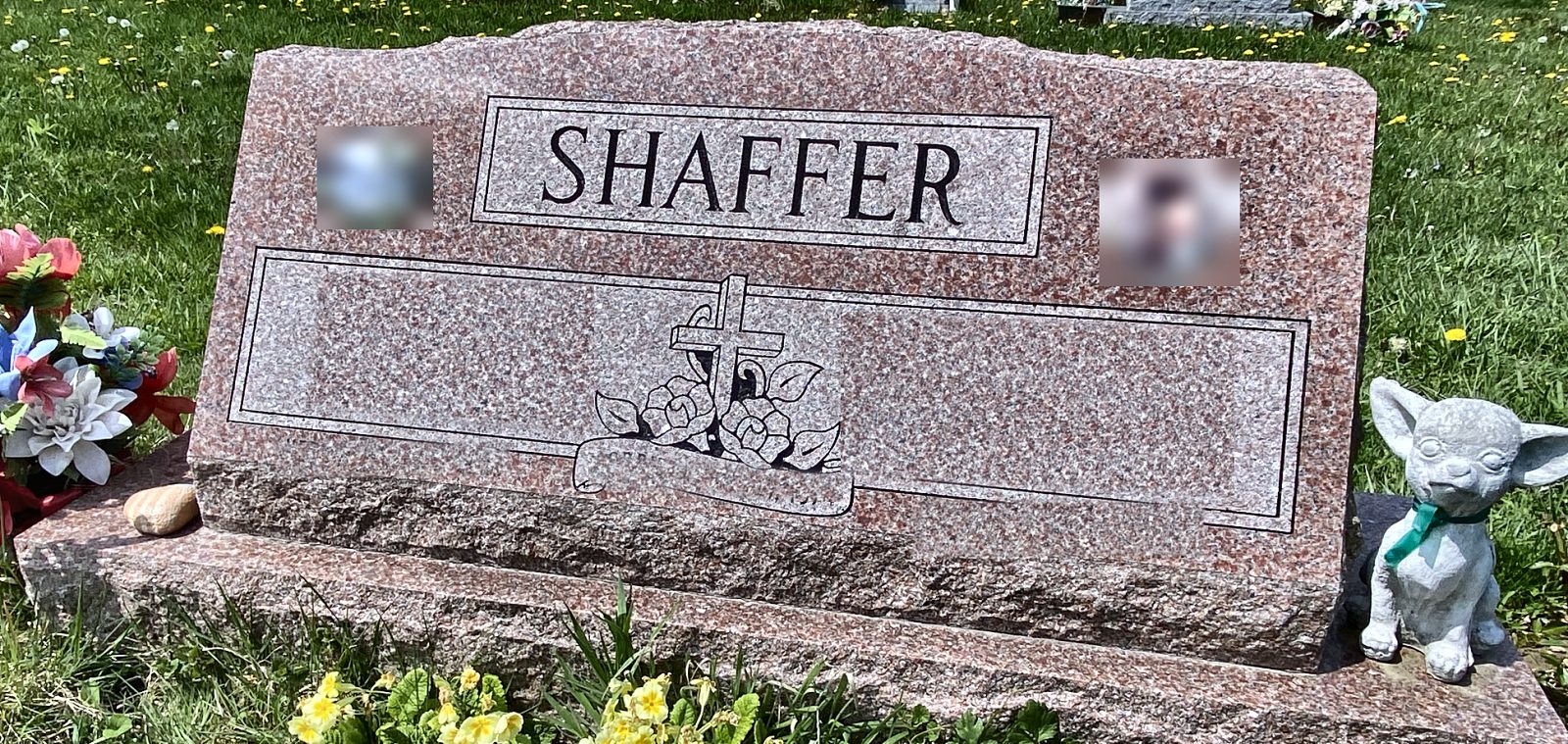 Pink granite slant monument with family name SHAFFER